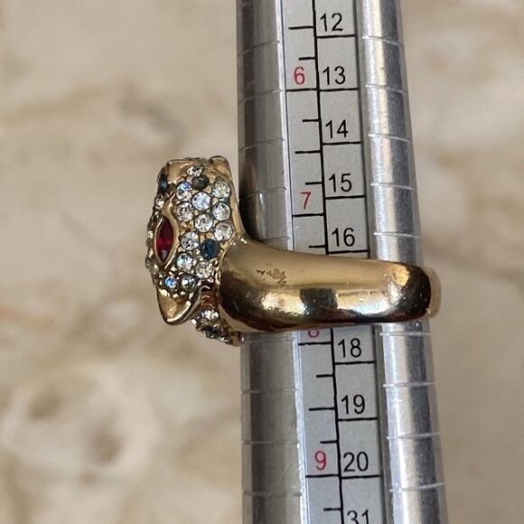 Gold Over Sterling Silver Panther & Crystals Statement Ring Vintage - Picture 9 of 11